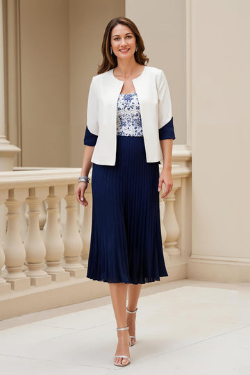 Marine 2 pièces Stretch Satin A Line Robe d’invité de mariée